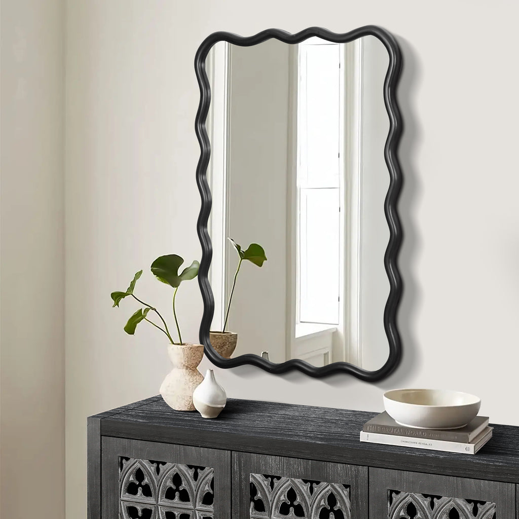 Solid Wood Wavy Rectangle Mirror-Black 40 X 28 Modern Mirror