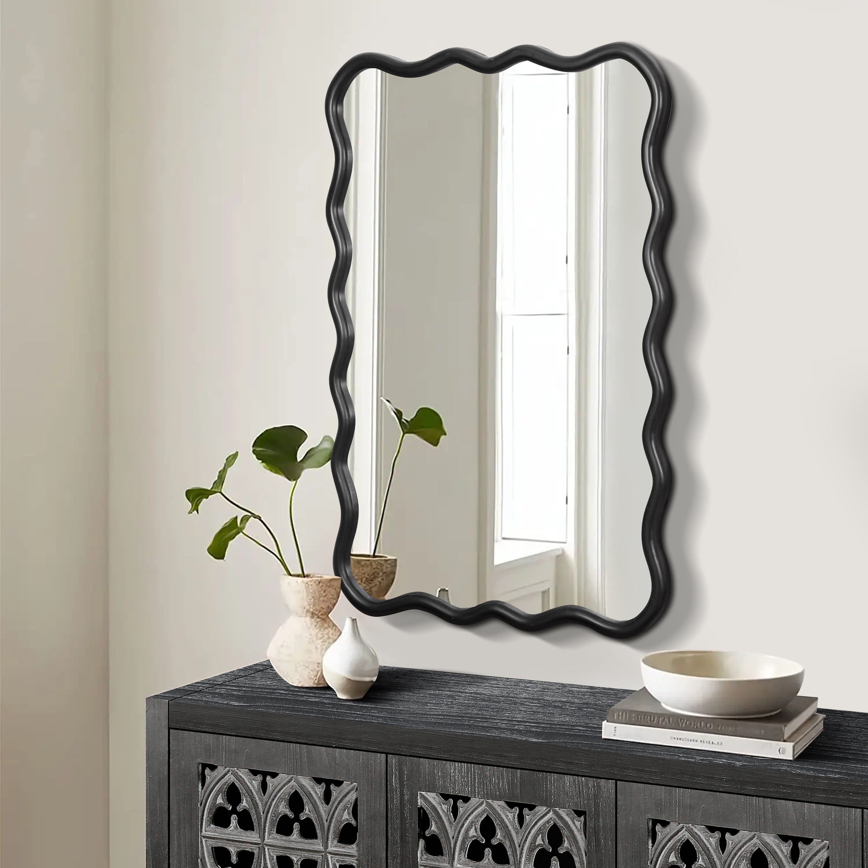 Solid Wood Wavy Rectangle Mirror-Black 40 X 28 Modern Mirror