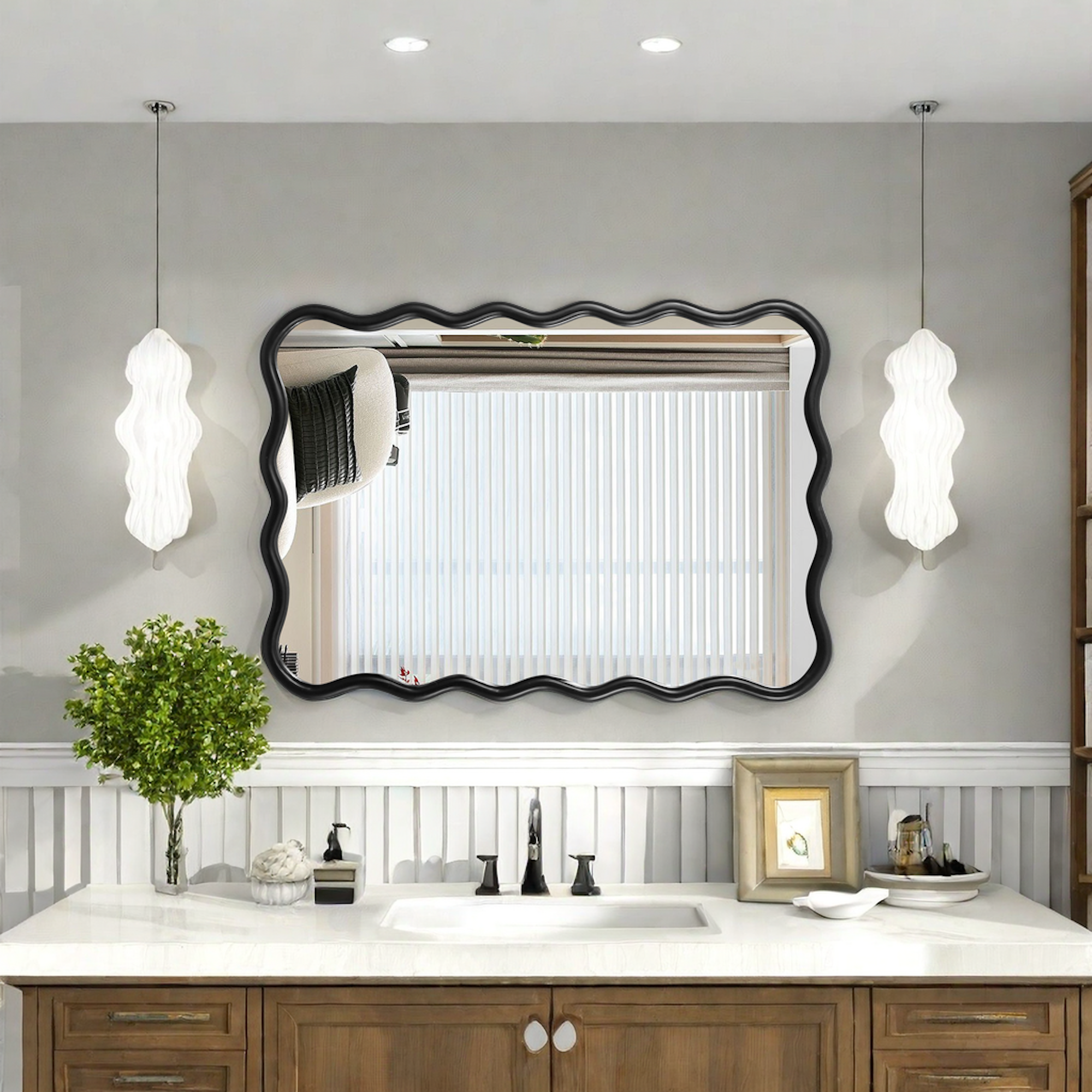 Solid Wood Wavy Rectangle Mirror-Black 40 X 28 Modern Mirror