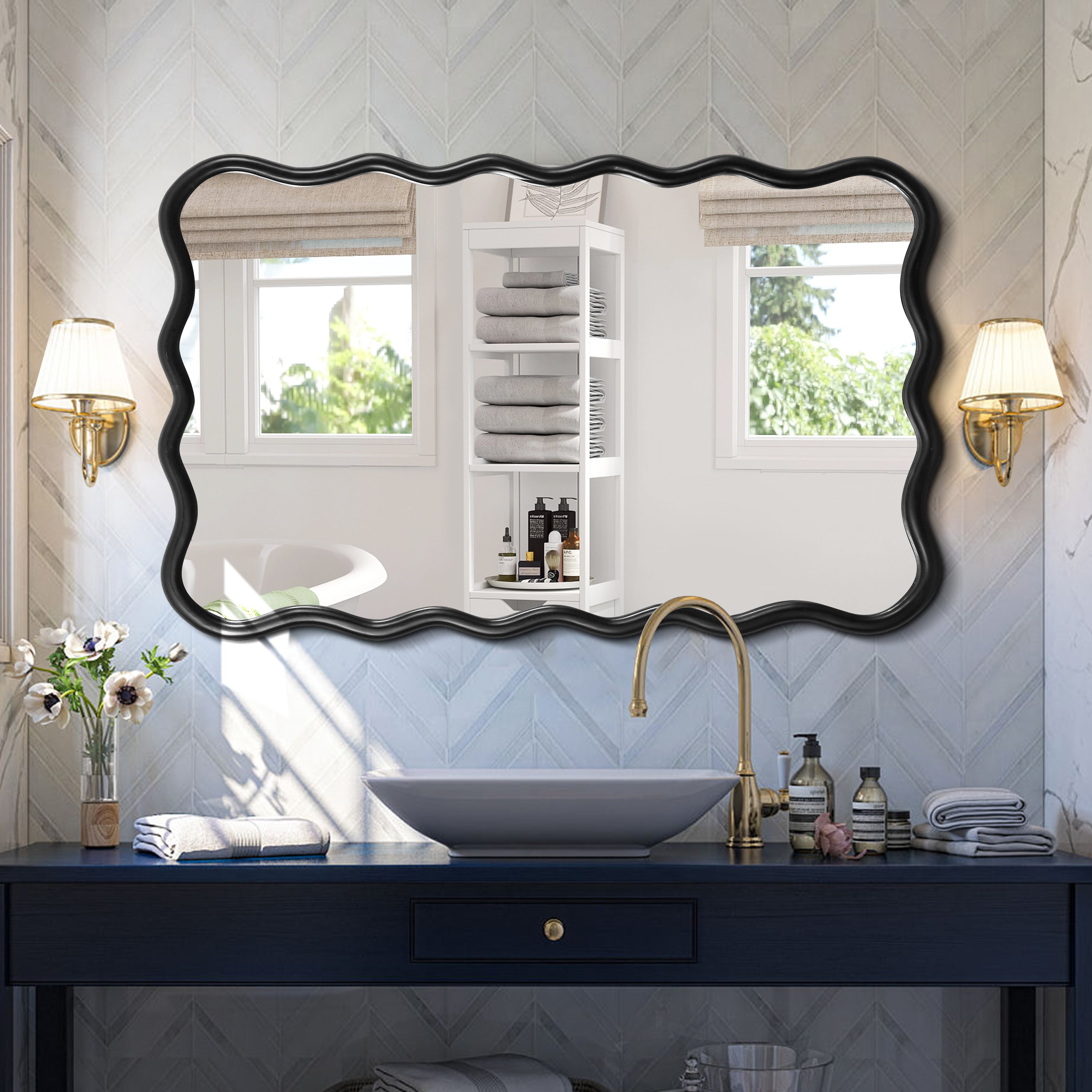 Solid Wood Wavy Rectangle Mirror-Black 40 X 28 Modern Mirror