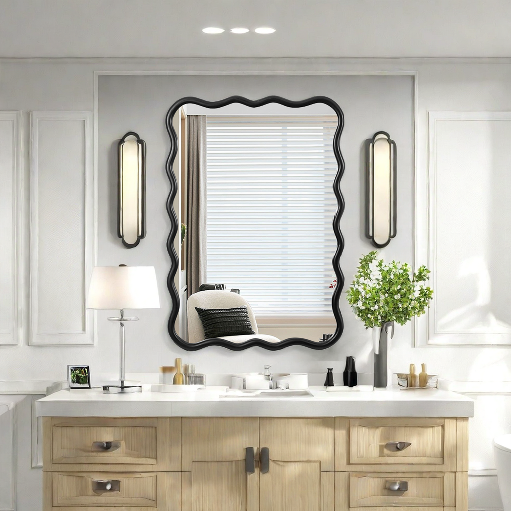 Solid Wood Wavy Rectangle Mirror-Black 40 X 28 Modern Mirror