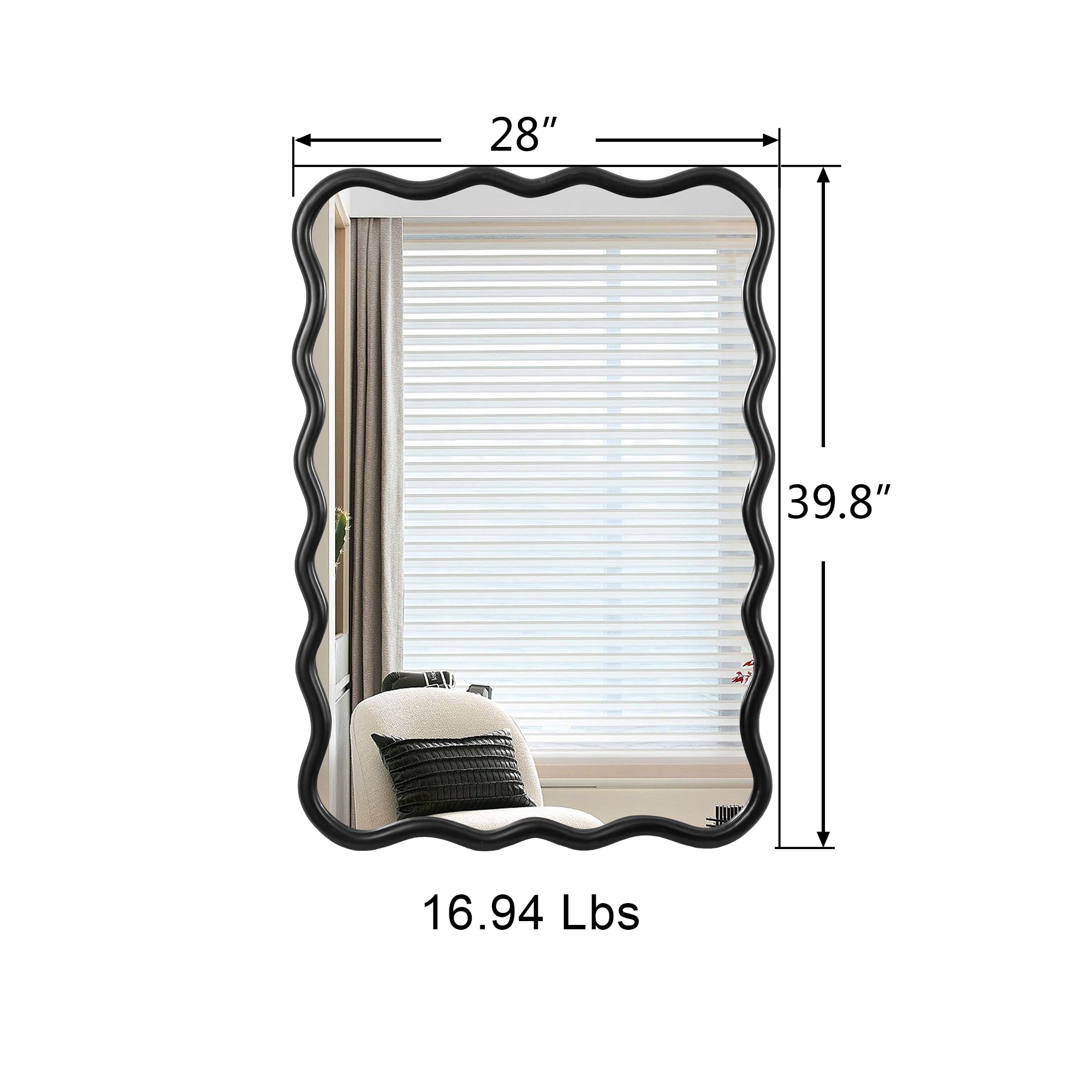 Solid Wood Wavy Rectangle Mirror-Black 40 X 28 Modern Mirror